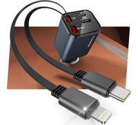 RAMPOW Allume Cigare USB C, 65W 4in1 Retractable Chargeur Voiture, avec câbles USB C et câble Lightning rétractables, Chargeur Allume Cigare pour iPhone 16/15, Samsung S24/23/22, iPad - Blau-Noir