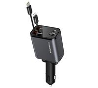 RAMPOW Allume Cigare USB C, 65W 4in1 Retractable Chargeur Voiture, avec câbles USB C et câble Lightning rétractables, Chargeur Allume Cigare pour iPhone 16/15, Samsung S24/23/22, iPad - Blanc Argenté
