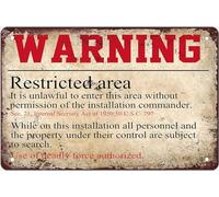 Ranch - Plaque en métal vintage - Décoration de cour - Rétro - Avertissement - Zone militaire restreinte - Cadeau mural pour homme et femme - 20,3 x 30,5 cm