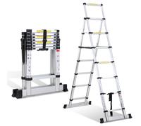 Randaco Échelle télescopique en Aluminium 2,0 m + 2,3 m - Cadre A - 6 + 7 marches - pour réparations de Toit - Taille pliée : 69 cm - Charge maximale : 150 kg