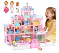 Randhar Maison de poupée, maison de rêve sur le thème des filles avec un éclairage merveilleux, 3 poupées, 4 étages, 13 pièces, 7 ensembles de meubles et d'accessoires, cadeau design et construction