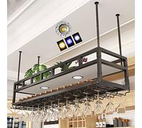 Range Bouteille vin avec néons Plafond porte bouteille porte verres suspendu Métal Fer 2 couches support verre a pied stockage de vin d'affichage de Décor pour Bars Café Restaurants Cuisines