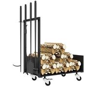 Range-bûches - Outsunny - avec roues pelle balai tisonnier pince - pour intérieur -48l x 30P x 76H cm - métal - noir