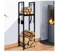 IDMarket – Range bûches vertical pour cheminée H.112 cm avec 2 étagères et accessoires acier noir