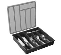 Range Couvert, Range-couvert avec Couvercle, Boîte de Rangement Couverts pour Tiroir Cuisine et Comptoir, Organisateur en Plastique, 6 Compartiments - Cuillère Fourchette Couteaux Grand Noir (Noir)
