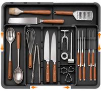 Range-couverts extensible pour tiroirs avec porte-couteaux, grande capacité | Convient pour 33,5 × 36,8 à 48,2 × 55,8 cm, insert à couverts pour tiroirs et organisateur de tiroir de cuisine pour la