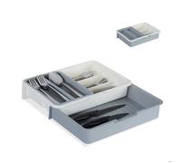 Range-couverts Relaxdays coulissant, 7 compartiments, pour couverts, plastique, 6x23,5x31,5 cm, blanc-gris