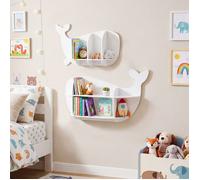 Rangement -COSTWAY-Lot de 2 Étagères Murales Enfant Design Baleine, Bois MDF 3 Niveaux, Flottantes Rangement Livres/Jouets,Blanc
