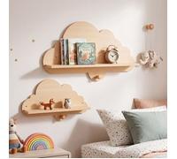 Rangement -COSTWAY-Lot de 2 Étagères Murales Enfant Forme Nuage,Bois MDF avec Patères, Flottante Rangement Livres/Jouets,Naturel