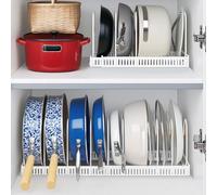 Rangement Couvercle avec 10 Compartiments Réglables, Porte Range Poele Placard Extensible, Organisateur Casserole Vaisselle Tiroir Cuisine pour Poêles, Casseroles, Couvercles, Assiettes (Blanc)