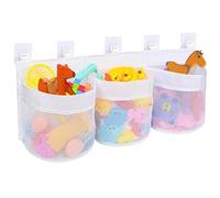 Rangement Jouet Bain Bebe avec 5 Crochets Adhésifs & 3 Compartiments, Maille Organisation Porte-Jouets Enfantssupport 60cm,Filet Organisateur Jouets Baignoire Suspendu pour Murs Salle Domicile (Blanc)