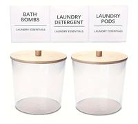 Rangement Lessive Liquide en Capsules Grand récipient à linge transparent for organiser le , pots distributeurs en plastique avec 3 couvercles bambou et étiquettes(Clear 2pcs)