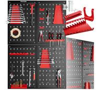 Rangement outils - TECTAKE - Lot de 4 panneaux perforés JONAH avec crochets et supports, en acier - Noir/Rouge