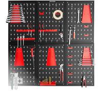 Rangement outils - TECTAKE - Lot de 6 panneaux perforés JONAH avec crochets et supports, en acier - Noir/Rouge