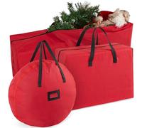 Rangement pour Décorations de Noël - Boite avec Séparateurs pour Boules, Grand Sac pour Sapin, Sac pour Couronne et Guirlande (Rouge, Lot 3 Pièces)