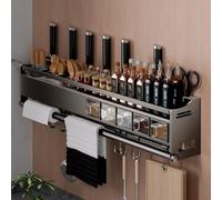 Rangement pour épices, étagères murales, avec porte-ustensiles, crochets pour essuie-tout, porte-couteaux, étagère de rangement cuisine, pour organisation, cuisson et décoration.(43x13x18cm)