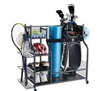 Rangement pour sacs de golf VEVOR Convient pour 2 sacs de golf, Organisateur de garage avec 1 panier métallique & 3 étagères latérales, Support noir pour sacs de golf pour clubs de golf, balles de gol
