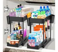 Rangement sous Evier 2 étages,Organisateur sous Evier Tiroir Coulissant à Extraction,étagère de cuisine, étagère à épices, Panier de rangement multifonction pour salle de bain-Noir,2PCS