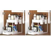 Rangement sous Evier 2 Niveaux, Coulissant Organiseur sous Évier Etagere Tiroir,Panier de rangement multifonction pour salle de bain, étagère sous placard, étagère de lave-vaisselle - Blanc (Lot de 2)