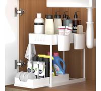 Rangement sous Evier 2 Niveaux, Coulissant Organiseur sous Évier Etagere Tiroir,Panier de rangement multifonction pour salle de bain, étagère sous placard, étagère de lave-vaisselle - Blanc