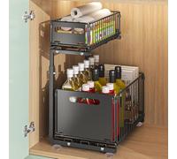 Rangement Sous Evier Cuisine, Range Epices Cuisine Tiroir avec Hauteur Réglable 41-49 cm, 2 étages, Extensible, étagère de Cuisine, Plan de Travail en Métal, pour Salle de Bain, Cuisine (Couche L)