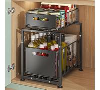 Rangement Sous Evier Cuisine, Range Epices Cuisine Tiroir avec Hauteur Réglable 41-49cm, 2 étages, Extensible, étagère de Cuisine, Plan de Travail en Métal, pour Salle de Bain, Cuisine (Double Couche)