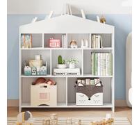 Rangement Stable pour Enfants, Bibliothèque en Bois en Forme de Maison, 4 Niveaux 9 Cases pour Livres, Jouets, Chambre, Salle de Jeux, Crèche, avec Dispositif Anti-Basculement, 104x30x100cm, Blanc