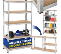 Rangement - TECTAKE - Étagère d'angle pour charges lourdes en MDF résistant et réglable, jusqu'à 1250 kg 180 x 90 x 40 cm - Argent