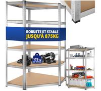 Rangement - TECTAKE - Étagère d'angle pour charges lourdes MDF résistant, réglable, jusqu'à 875 kg, 180 x 89,5 x 89,5 cm - Argent