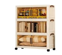 Rangements Plastiques Empilables et Pliables avec Roues Verrouillables, Armoire de Rangement Portes Doubles Panneaux Transparents, Organisateur Pliable pour Dressing Chambre Bureau(Brown,3 Tier)