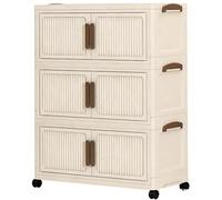 Rangements Plastiques Empilables et Pliables avec Roues Verrouillables, Armoire de Rangement Portes Doubles Panneaux Transparents, Organisateur Pliable pour Dressing Chambre Bureau(White,3 Tier)