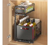 Rangements sous Evier 2 Niveaux Organisateur Coulissant,Paniers Coulissants, Empilable,Étagères pour Placard Meuble Cuisine Salle Bain,26,5 x 38 x 48,5 cm (noir)