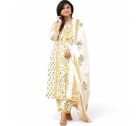 RangMahal Ensemble kurta en coton imprimé indien avec motif floral pour femme, Orange_blanc, Medium