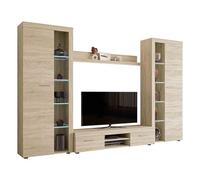 Rango XL Ensemble de salon moderne, mur de placard, mur multimédia, vitrine, meuble TV bas (chêne Sonoma, avec éclairage LED blanc)