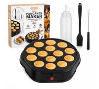 RANJI Machine à Mini Pancakes 14 Cavités avec Plaque Antiadhésive | Avec flacon doseur, pinceau, pic de retournement et livre de recettes pour préparer facilement des mini pancakes réguliers