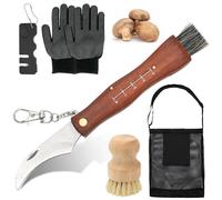 RANJIMA Couteau à champignons avec brosse, couteau éponge avec pinceau et sac, sac de collecte de champignons, brosse à champignons, couteau de poche, couteau pliant d'extérieur avec manche en bois
