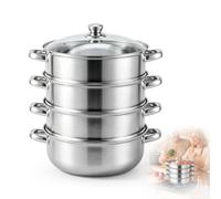 RANJIMA Cuiseur vapeur de 28 cm en acier inoxydable avec insert vapeur et couvercle en verre, 4 étages pour cuire légumes, poissons, fruits de mer, soupes, ragoûts, pâtes, empilables