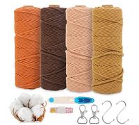 RANJIMA Lot de 4 Fils de Macramé 3mmx50m, Coton Naturel Gradé de Couleur Avec Accessoires pour Tentures Murales, Suspensions de Plantes et Décorations de Mariage - Marron