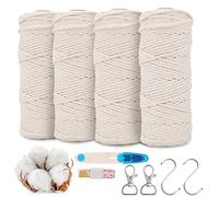 RANJIMA Lot de 4 Fils de macramé, 3mmx50m pour macramé, Gradé de Couleur Coton Naturel avec Accessoires pour Macramé pour Tentures murales, Suspensions de Plantes et Décorations de Mariage-Beige