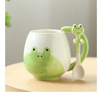 RANJIMA Tasse grenouille avec cuillère - Tasse à thé en céramique - 420 ml - Motif grenouilles de dessin animé mignon - Pour café, thé, cappuccino - Cadeau d'anniversaire pour femmes, amis, enfants