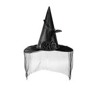 Ranley Chapeau de sorcière d'Halloween | Chapeau mystique avec demi-voile et fleur pour défilés, fêtes à thème, mariages et maisons hantées