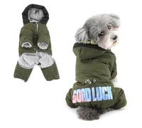 Ranphy Manteau à Capuche doublé Polaire pour Petits Chiens Combinaison imperméable pour Chiots avec Anneau en D Imprimé Lettres Combinaison de Ski Veste pour Animaux Vêtements d'hiver Vert armée M