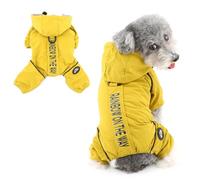 Ranphy Manteau imperméable à Capuche doublé Polaire pour Petits Chiens Combinaison pour Chiots avec Anneau en D et Lettres imprimées Combinaison de Ski Veste pour Animaux Vêtements d'hiver Jaune M