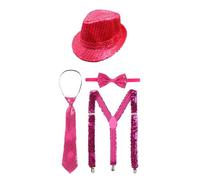 ranrann 4 Pièces Accessoire Déguisement Disco Chapeau de Danse Jazz Paillette Bretelles Noeud Papillon Cravate Fête Spectacle Rose vif Taille unique