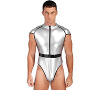 ranrann Body Homme Bodysuit Métallique Brillant Body Shirt Maillot de Corps Combinaison Costume Danse Clubwear L-4XL A Argenté L