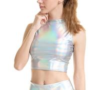 ranrann Débardeur Femme Sexy Camisole Métallisé Brillant Slim Fit Top Eté sans Manches Caraco Haut Gilet Bretelles T-Shirt Tank Top Costume Performance Clubwear Type D Holographique M