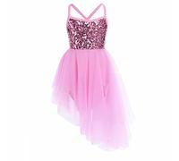 ranrann Enfant Fille Asymétrique Robe Danse Latine Danse Classique Paillette Tutu Ballet Tulle Justaucorps Gymnastique Brillant Dancewear 2-16 Ans Rose 8-10 Ans