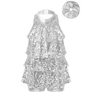 ranrann Enfant Fille Costume Danse Moderne Jazz Hip Hop Paillette Justaucorps Robe Danse Latine Brillant Tenue Gymnastique Costume Spectacle 3-16 Ans Argenté 11-12 Ans
