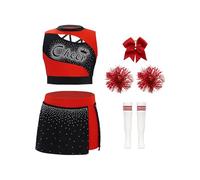 ranrann Enfant Fille Déguisement Pompom Girl Déguisement Uniforme avec Pompons Costume Carnaval Halloween Performance 3-16 Ans D Rouge 7-8 ans