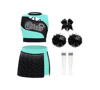 ranrann Enfant Fille Déguisement Pompom Girl Déguisement Uniforme avec Pompons Costume Carnaval Halloween Performance 3-16 Ans C Bleu vert noir 9-10 ans